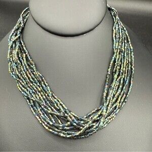 Stunning Iridescent Multistrand Green Hued Beaded Collar/Choker Necklace
